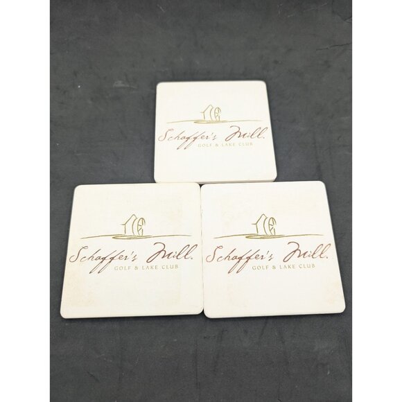 set of 3 coasters Schaffer's Mill Golf & Lake Club ceramic cork square 4.25" - Picture 4 of 9